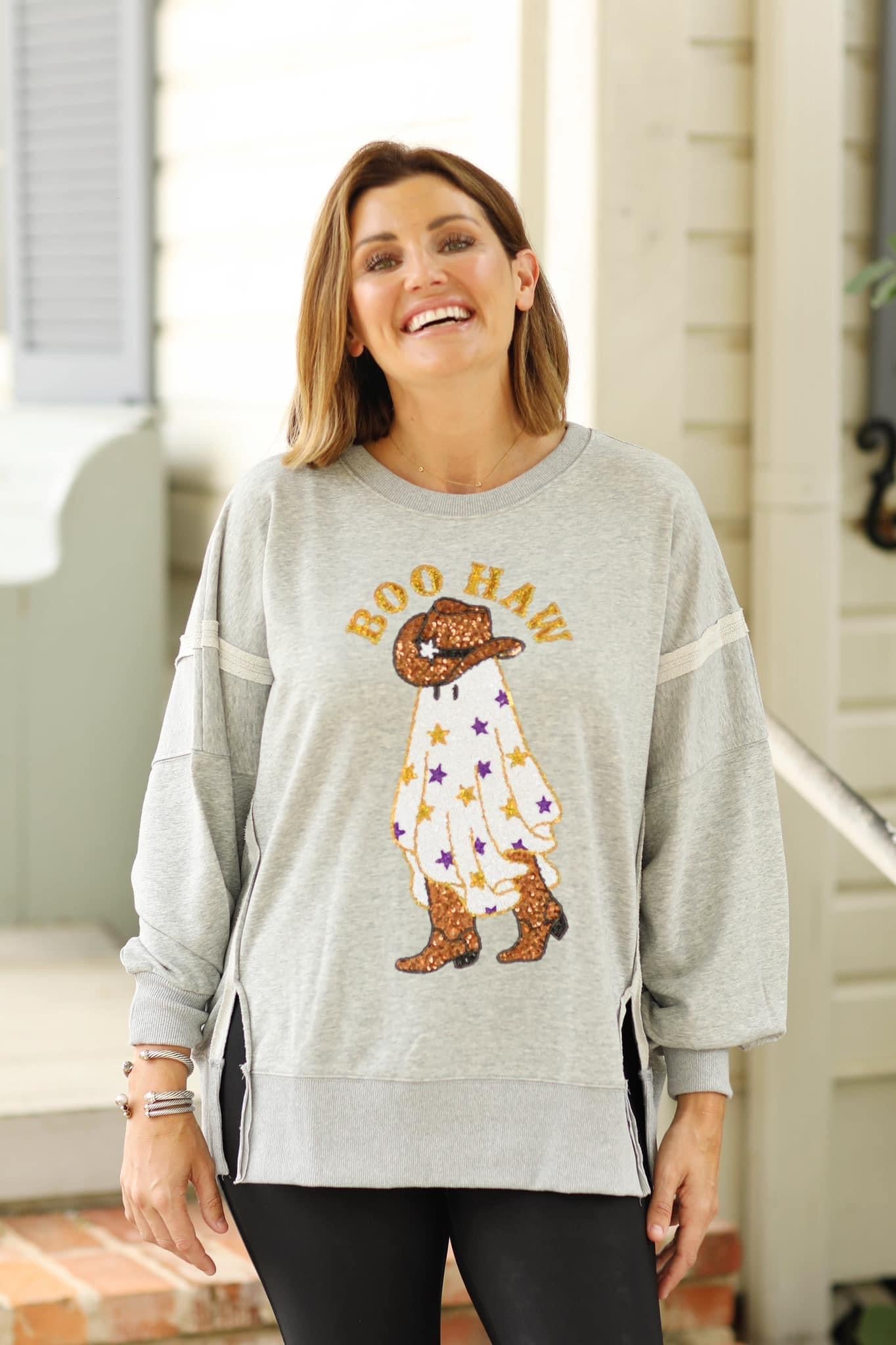 Boo Haw Sequin Heather Gray Pullover