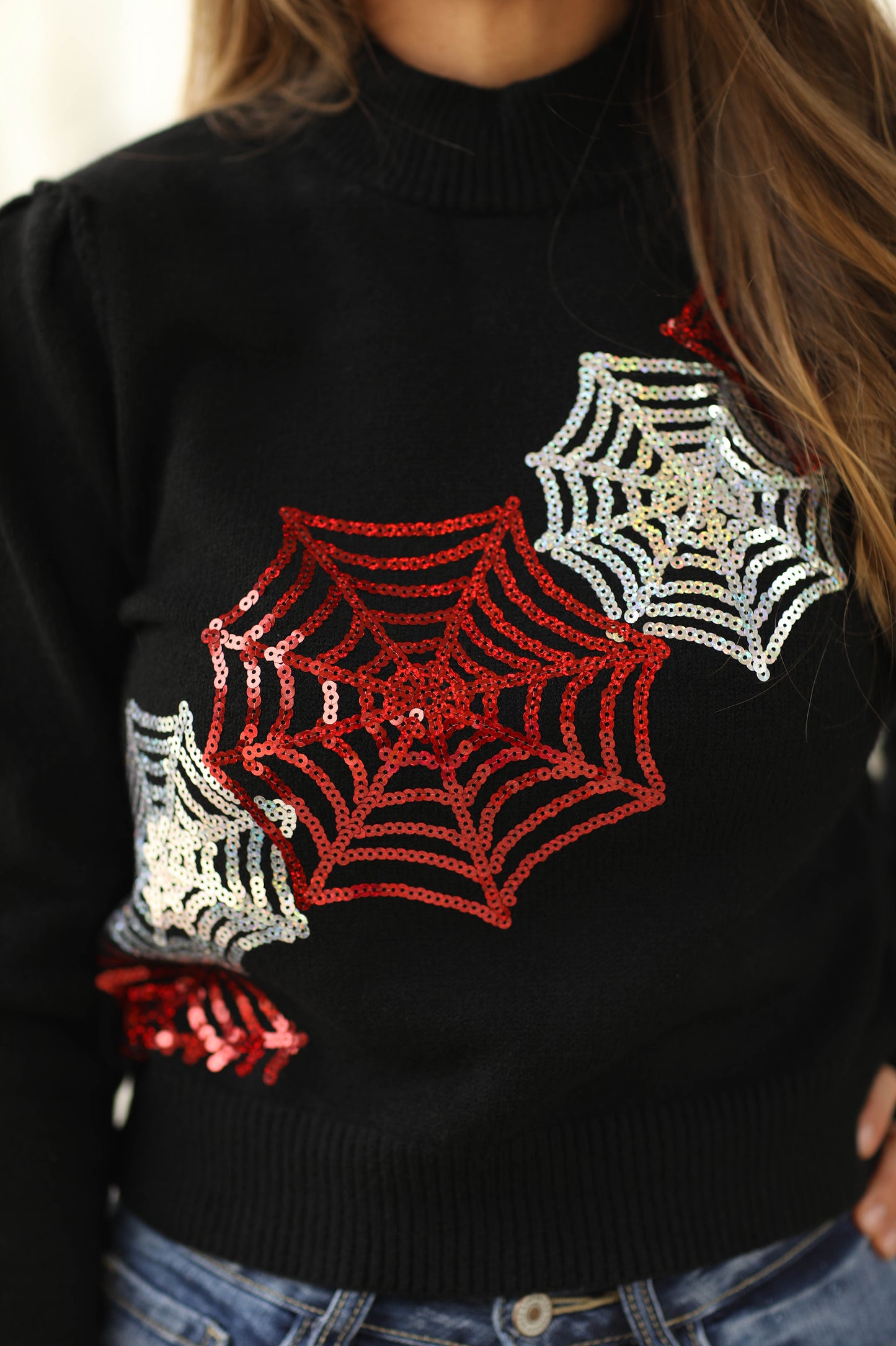 Spider Web Sequin Black Sweater