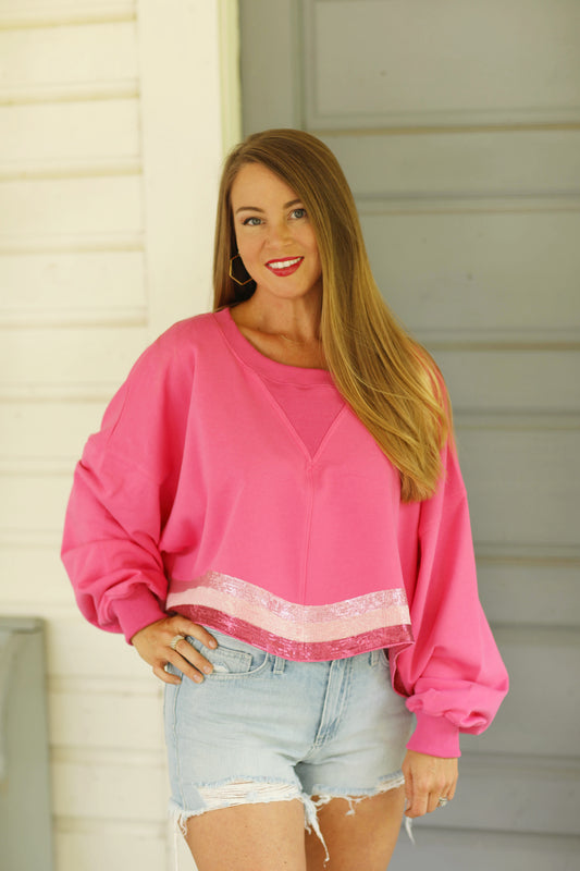 Hot Pink Scalloped Sequin Cropped Sweatshirt