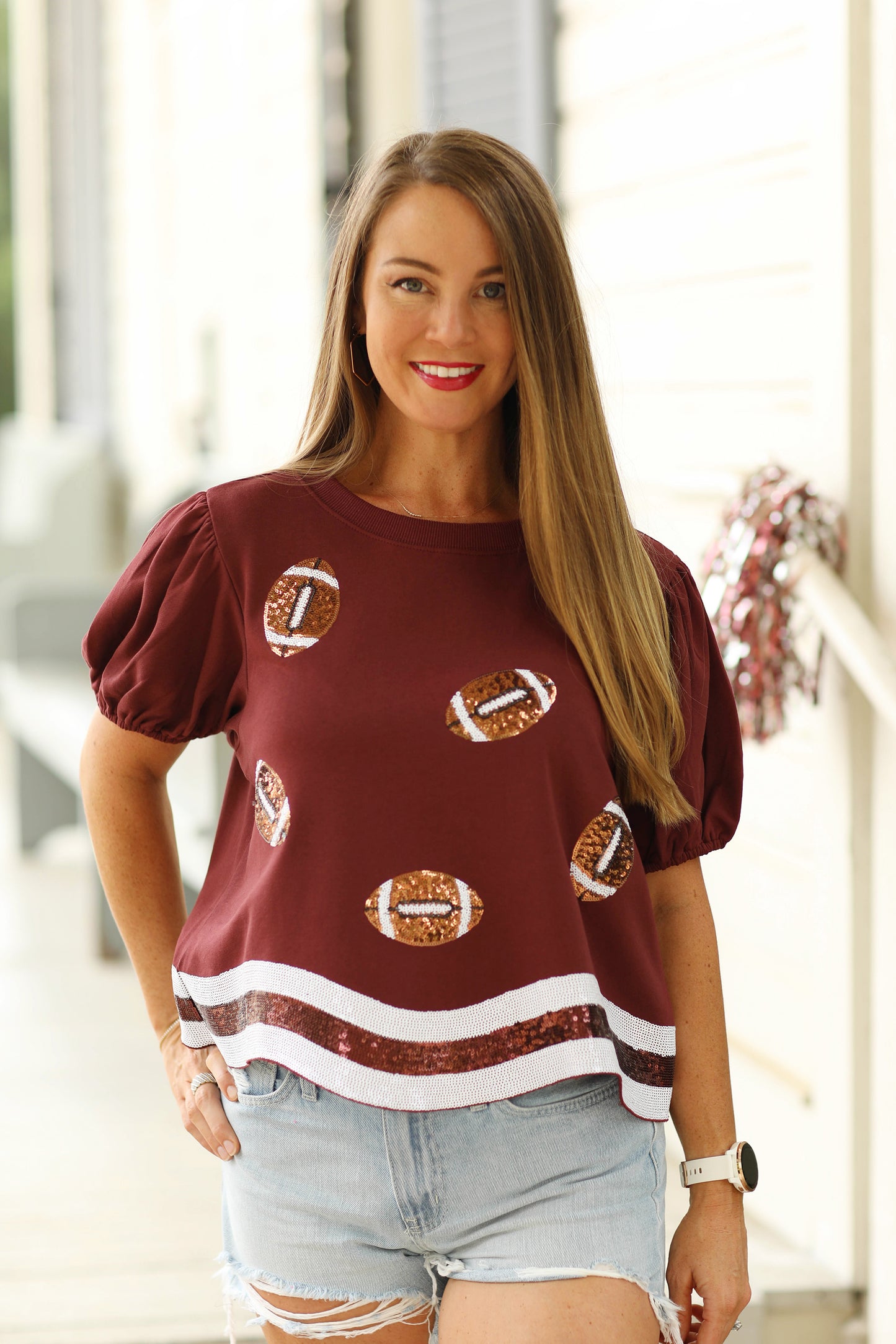 Maroon Football Sequin Scalloped Top