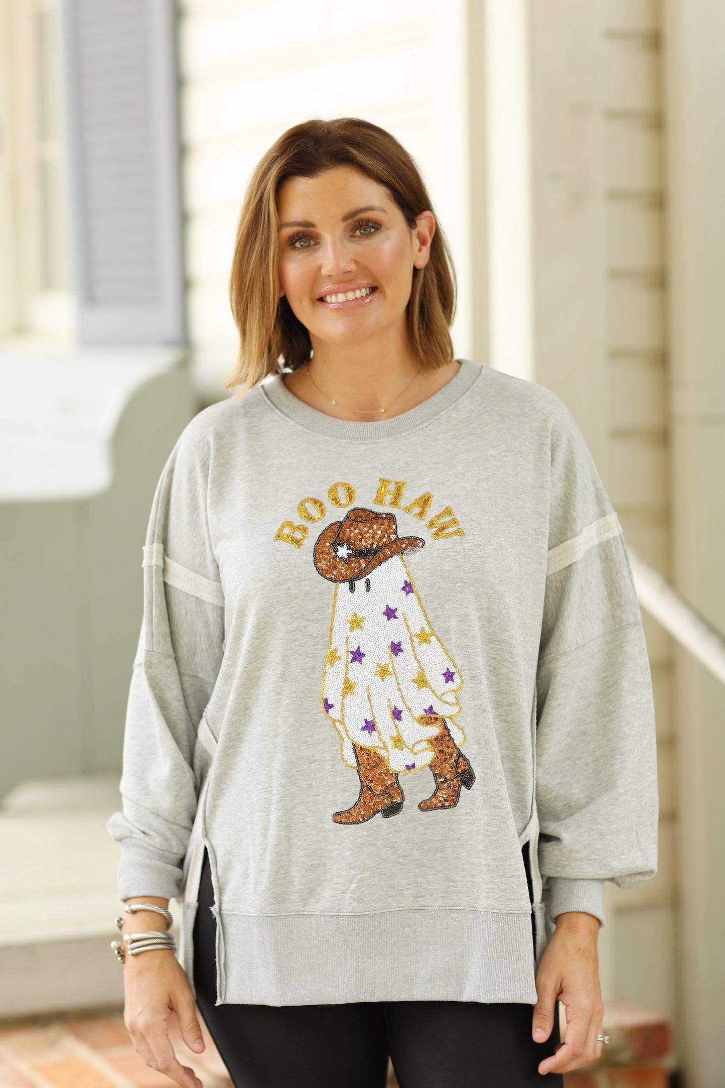 Boo Haw Sequin Heather Gray Pullover