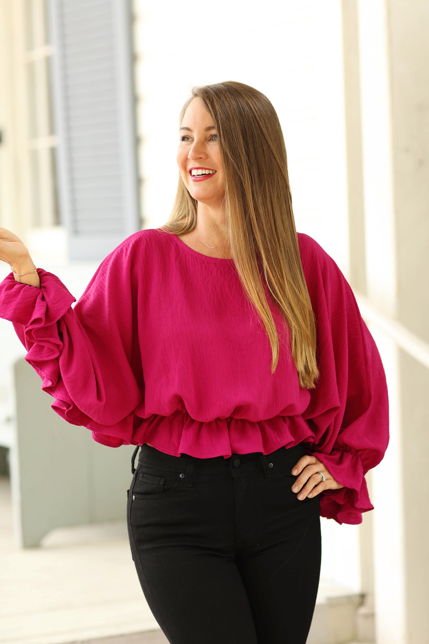 Magenta Ruffle Sleeve Top