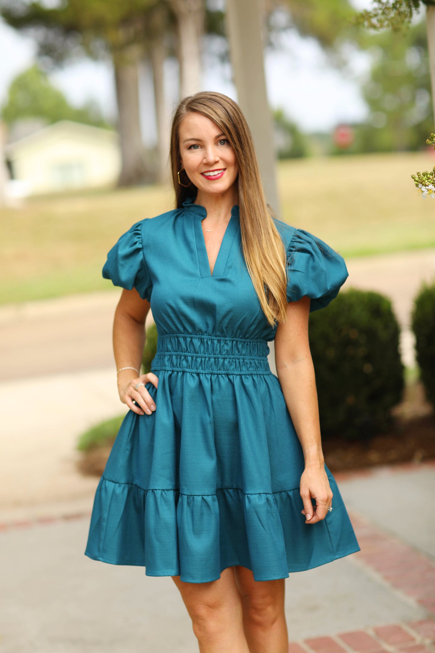 Teal V Neck Smocked Waist Dress