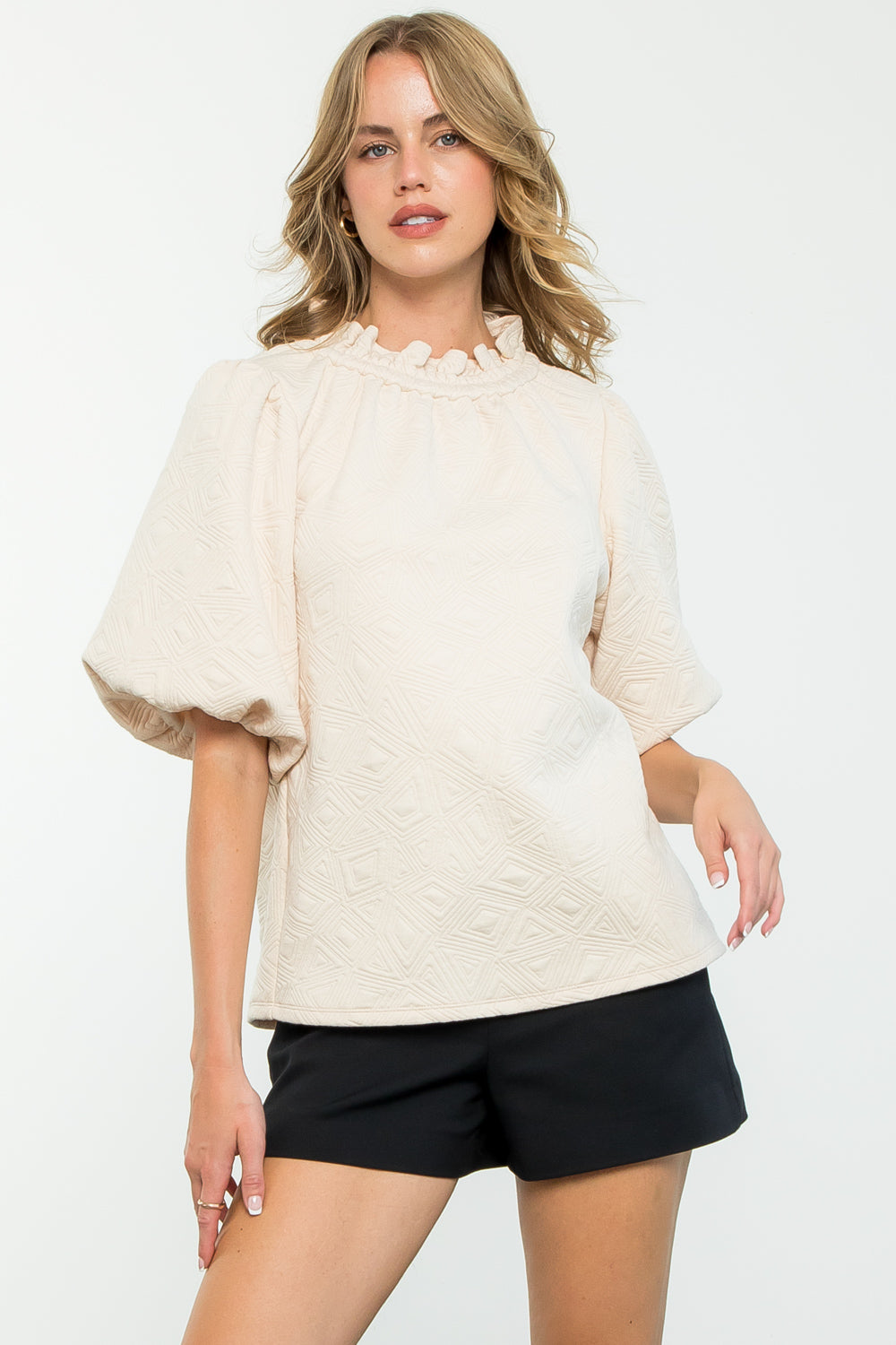 Textured Puff Sleeve Button Back Top (THML)
