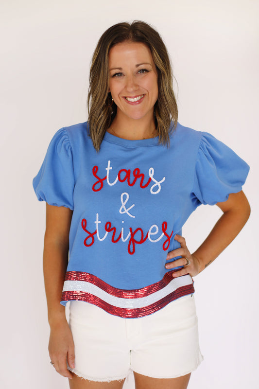 Blue Stars & Stripes Sequin Scalloped Top